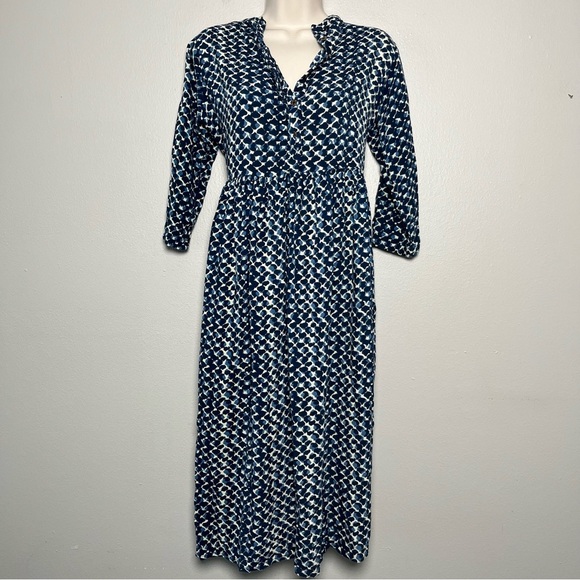 Made in India Women Midi Dress‎ Medium Blue Abstract Cottage Core Henley Popover - Picture 1 of 9